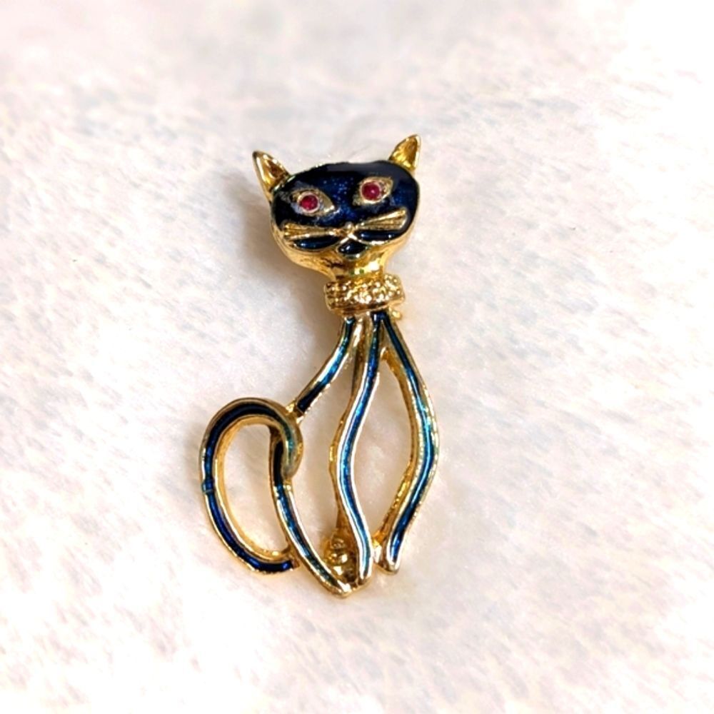 Vintage 80's Enamel and Goldtone Cat Brooche